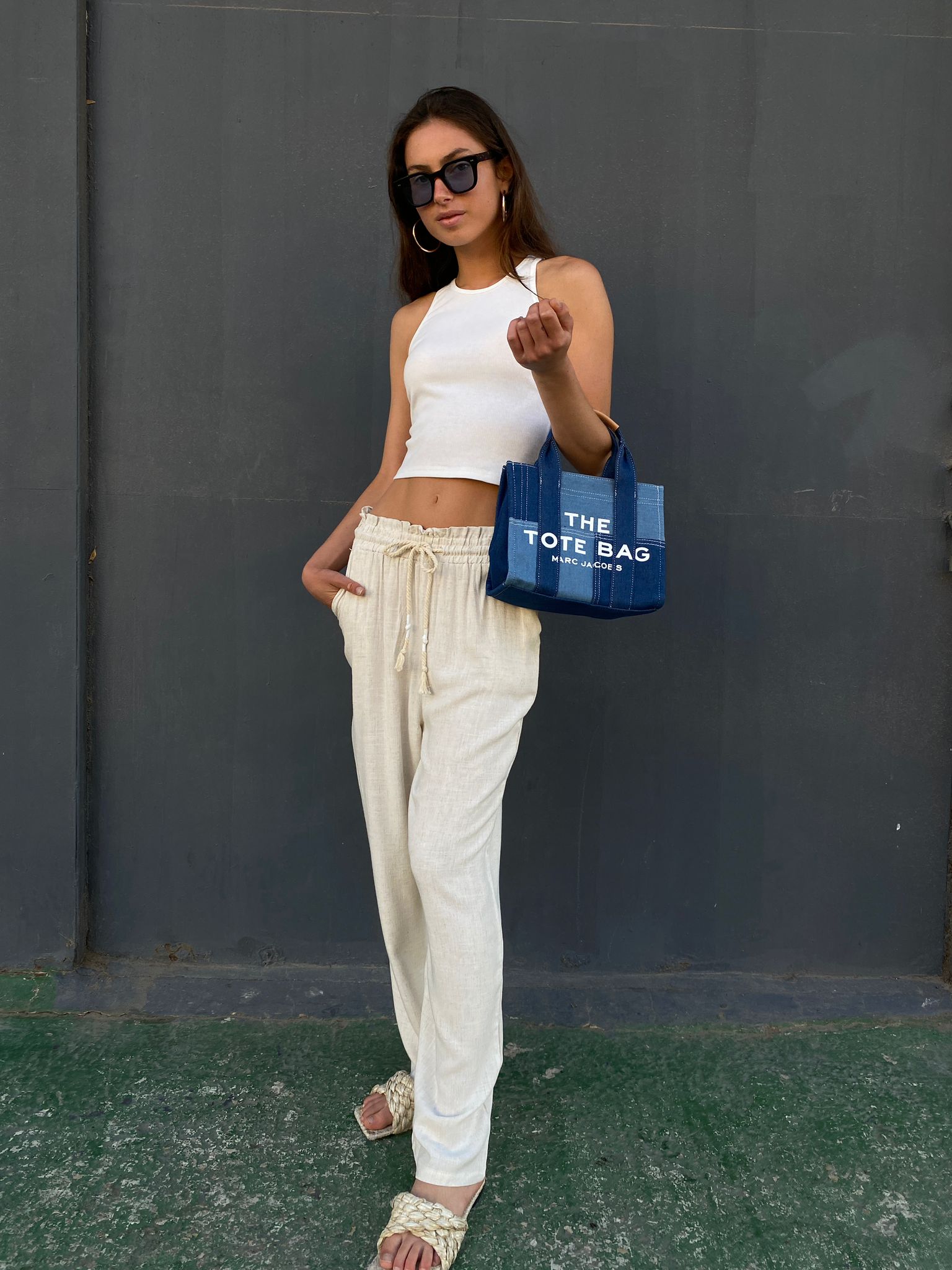 מכנס c פשתן רחב שרוך במותן