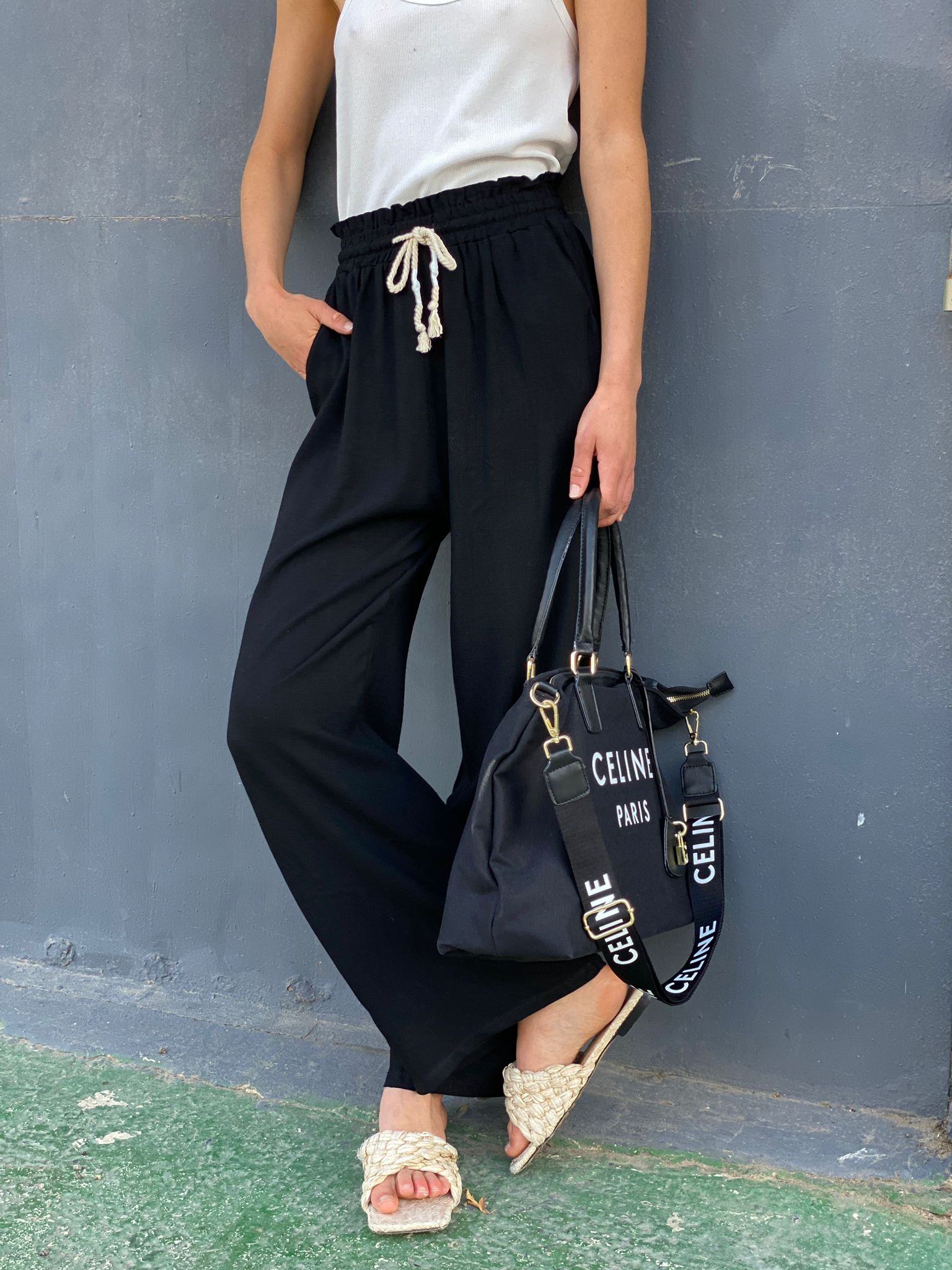 מכנס c פשתן רחב שרוך במותן