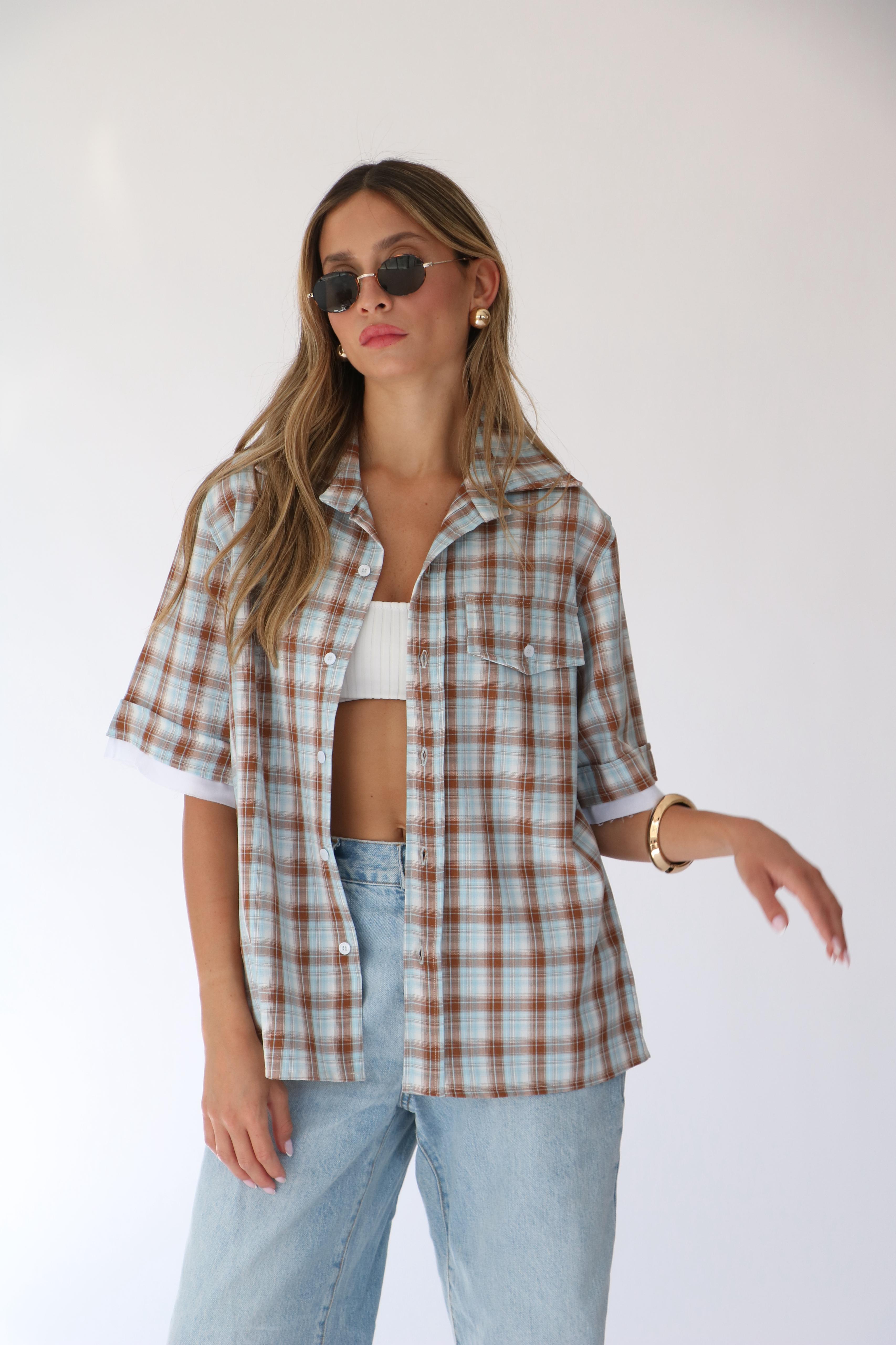 חולצת אלה משובץ תכלת