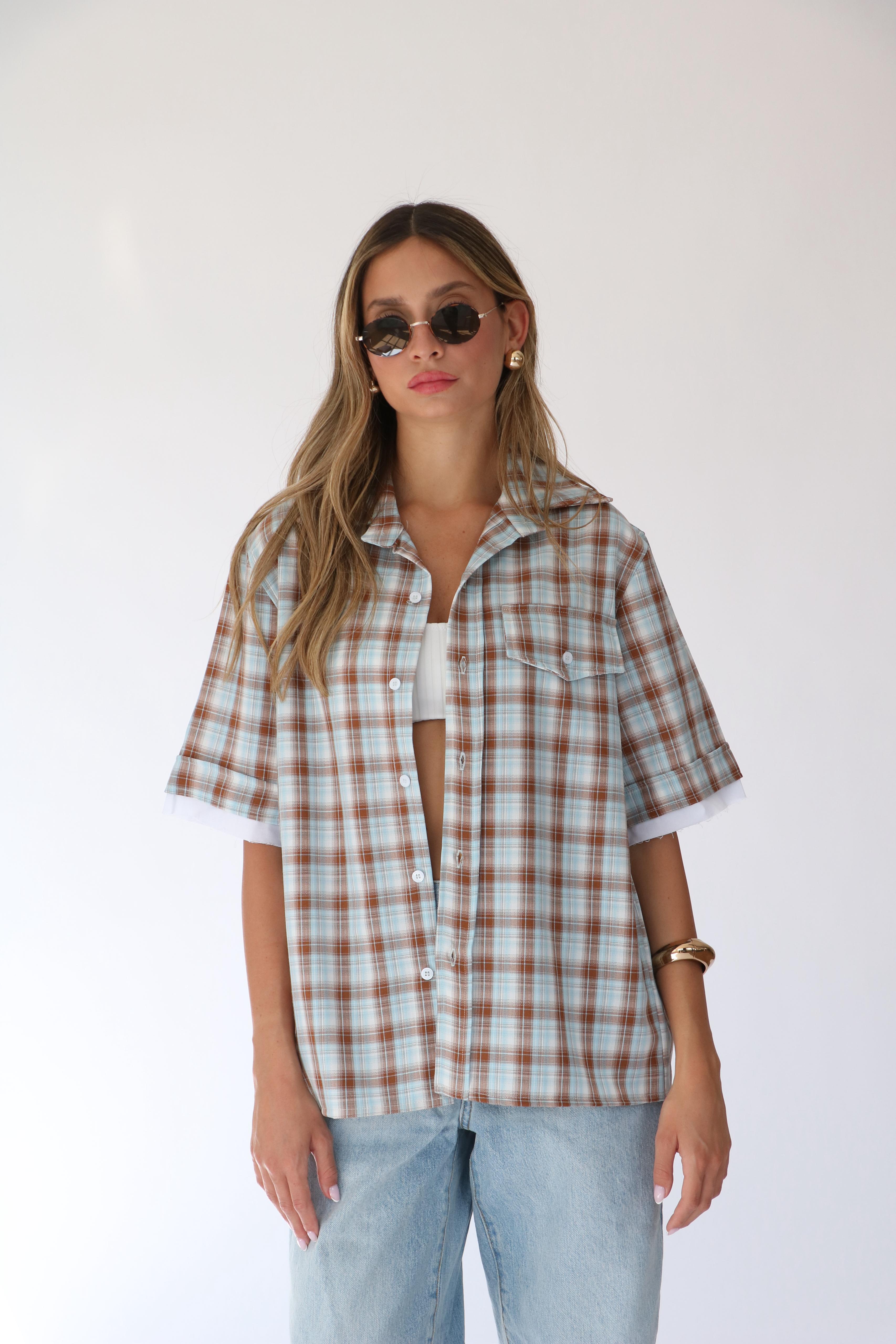 חולצת אלה משובץ תכלת