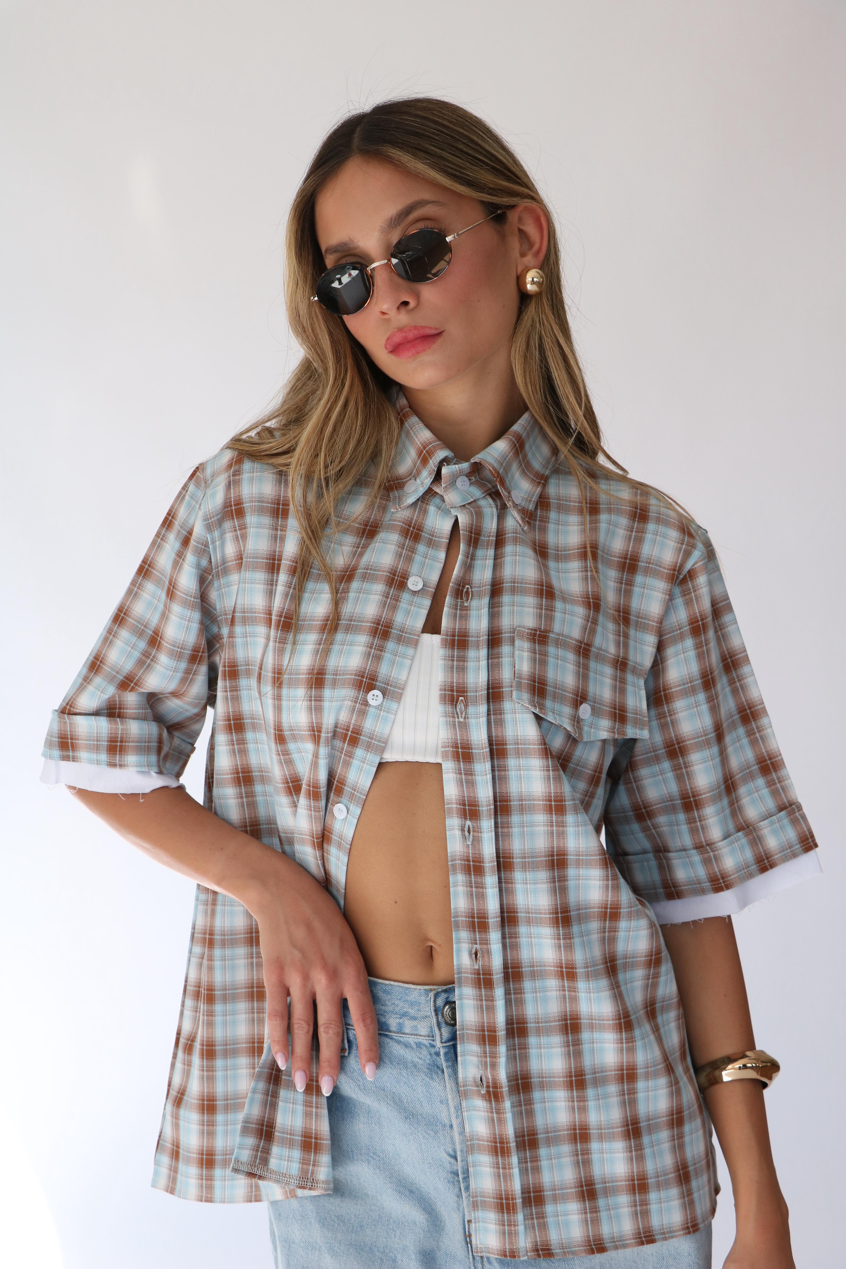 חולצת אלה משובץ תכלת