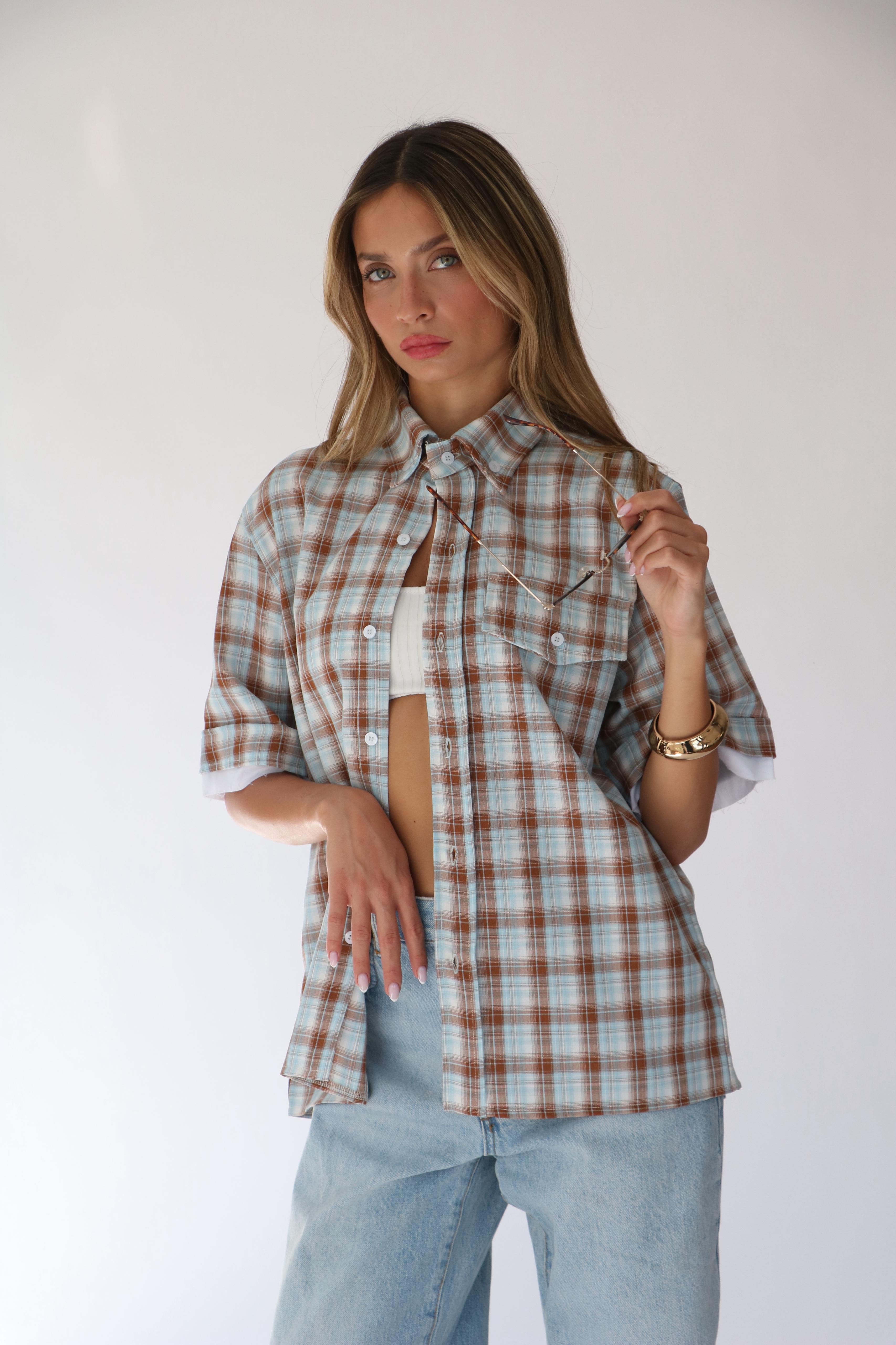 חולצת אלה משובץ תכלת